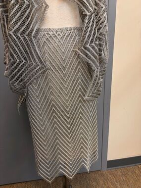 Damianou Metallic Beige Chevron 2-Piece Dress & Overlay Set Fringe Hem Large